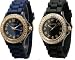 Women's Geneva TWO Navy & Black w/ Gold Tone Platinum Silicone Rubber Jelly with CZ Crystal Rhinestones Face Bling Bezel