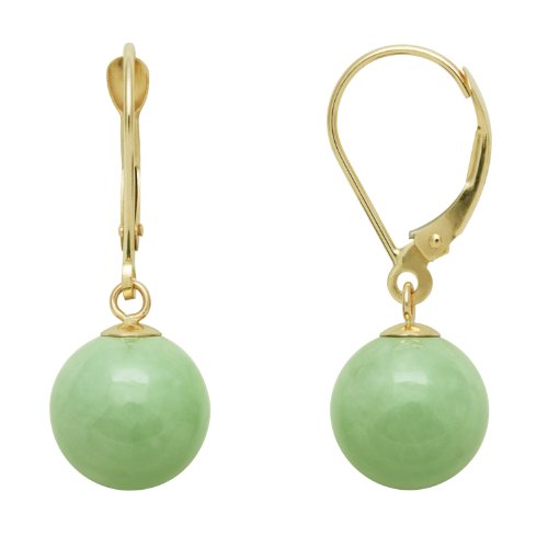 10mm Round Jade Dangle Earrings on 14K Yellow Gold Leverbacks