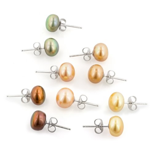 Set of 5: Golden, Olivine, Chocolate,<br />Champagne Ringed Pearl Earrings