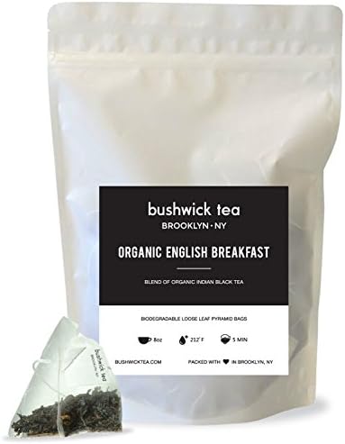 Bushwick Tea, 20 Count, Organic English Breakfast Black Loose Leaf Biodegradable Pyramid Tea Bag Sachets Special Promotion. Makes 20 Cups