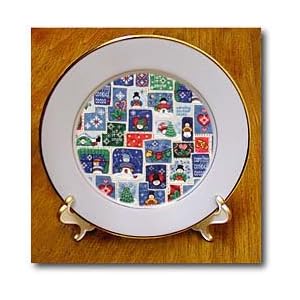 Winter Snowman, Caroling, Mittens, Candy Canes Sticker Collage - 8 Inch Porcelain Plate