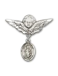 Sterling Silver Baby Badge with St. Clement Charm and Angel with Wings Badge Pin