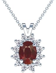 14K White Gold Oval Cut Ruby And Round Diamond Pendant