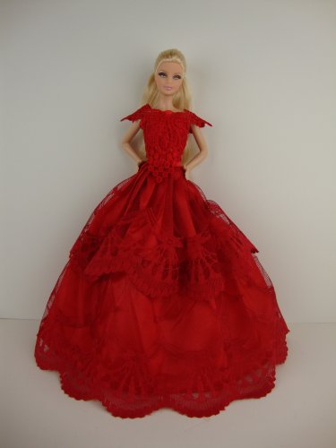 A Stunning Red Ball Gown with Short Sleeves Made to Fit the Barbie Doll