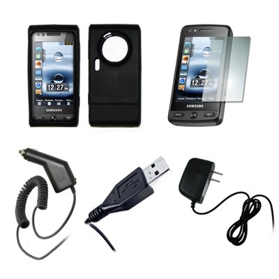 Black Silicone Skin Cover Case + Screen Protector + Car Charger (CLA) + Home Wall Charger + USB Data Cable for Samsung Memoir T929