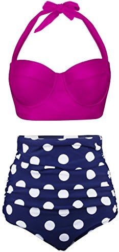 Waisted Bikin Women Swimming Costume High Vintage Suits(Rose red3(Polka),S(US0-2))