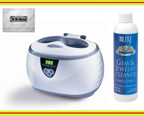 Sonic Power Professional Digital Ultrasonic Cleaning Machine - Cleans without Harmful Chemicals, Jewelry, Watches, Optics, Eyeglasses, Dentures, and Any Other Delicate Items Cleaner + Blitz Jewelry &amp; Gem Cleaner (Concentrate 8oz.) + DB Roth 100% Cotton Flannel All-in-one Jewelry Cloth