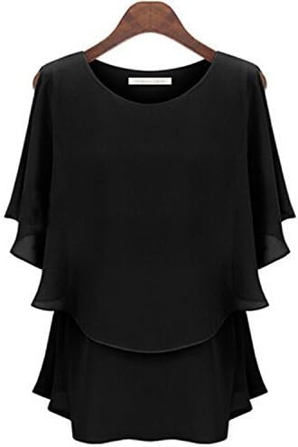 Owind Plus Size Ruffled Sleeve Waisted Chiffon Blouse (5XL, Black)