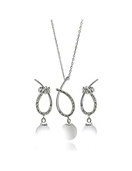 Nickel Free Sterling Silver Necklace & Earring Sets Open Overlap Design With Cubic Zirconia And Hanging Pearl Set Pendant 11Mm X 38Mm Pearl 9Mm Earring 8Mm X 31Mm Pearl 8Mm Chain Adjustable 16"-18"