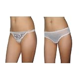 2 PACK: Ladies Sexy Lace Sheer Mesh Stretch Hipster Brief Thong Panties Underwear / Knickers - Beige & White
