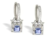 14K White Gold Genuine Square Tanzanite and Diamond Lever Back Earrings