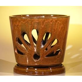 Bonsai Boy's Ceramic Orchid Pot with AttachedTray <br>8.25"x7.25" Tall<br>Aztec Orange Color - Round<br>Sized to fit 8.0" Plastic Growing Pot
