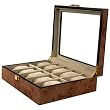 Watch Box for 10 Watches Lite Burlwood Finish Window Gold Tone Hardware Latch