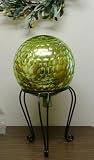 12 inch Lime Green Nobbie Glass Gazing Globe with Scrolled Wrought Iron Stand