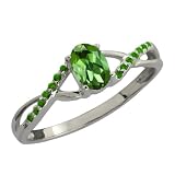 0.48 Ct Oval Green Tourmaline and Green Diamond Sterling Silver Ring