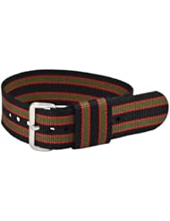18mm Classic 1-Piece Nylon Buckle SS Striped Black / Moss / Red - Easily Interchangeable Replacement Watch Strap / Band - Fits All Watches!!!