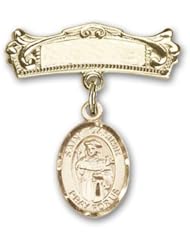 14K Gold Baby Badge with St. Casimir of Poland Charm and Arched Polished Badge Pin
