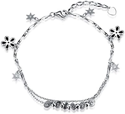 RebeccaSeller Womens Charm Bracelet Sterling Silver Star Chain Link Flower Bracelet