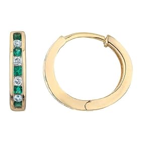 Emerald Earring Hoops with Diamonds 3/10 Carat (ctw) in 10K Yellow Gold