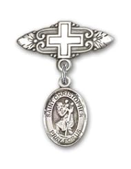 Sterling Silver Baby Badge with St. Christopher Charm and Badge Pin with Cross