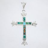 Ray Tracey Sterling Silver Cross Pendant with Turquoise and Spiny Oyster Inlay, #8539