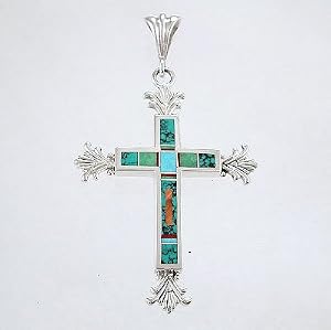 Southwestern Native American Handcrafted Cross Pendant with Turquoise and Spiny Oyster Inlay in Sterling Silver by Navajo Artist Ray Tracey Sterling Silver , #8539