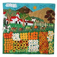 NOVICA Applique wall hanging, 'Sunflower Farm'