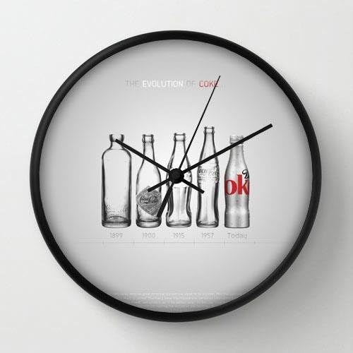 Colorful Art Designed Wall Decor Clock Custom Years Evolution Bottles Coca Cola Black Frames Wall Clock Modern Design Watch Wall 10" Diameter Unique Wall Clocks