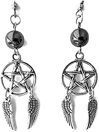 Black Onyx Glass Bead Angel Wings &amp; Pentagram Spiritual Dangle Earrings