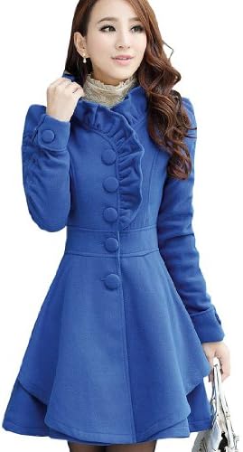 Cozy Age Women's Slim Fit Cotton Blend Ruffle Collar Pea Coat Blue,Large