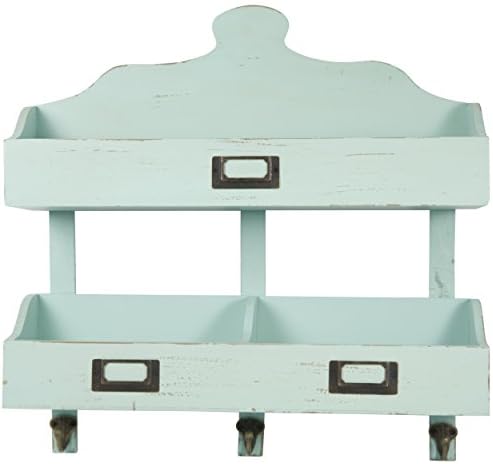 Large Wall Mounted Wall Shelf - Mail Sorter with 3 Key Hooks - 2 Tier Wall Shelf with Hooks - Mail Organizer - Mail Organizer Wall Mount (Aqua)