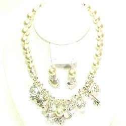 White Multi Charm Silver Tone Necklace Heart & Earrings
