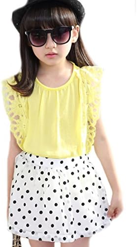 ASL Girls' 2Piece Puff Sleeve Shirt and Polka Dot Skirts Set 11-12T yellow