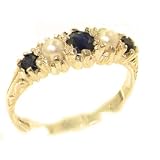 Antique Style Solid Yellow 9K Gold Natural Sapphire & Pearl Ring with English Hallmarks - Finger Sizes 5 to 12 Available