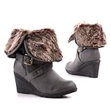 Damen Schuhe, STIEFEL, STIEFELETTEN BOOTS MIT KUNST FELL, 8594, Synthetik in hochwertiger Leder Optik, Grau, Gr 37