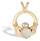 14K Yellow Gold Genuine Heart Opal and Diamond Celtic Claddagh Pendant