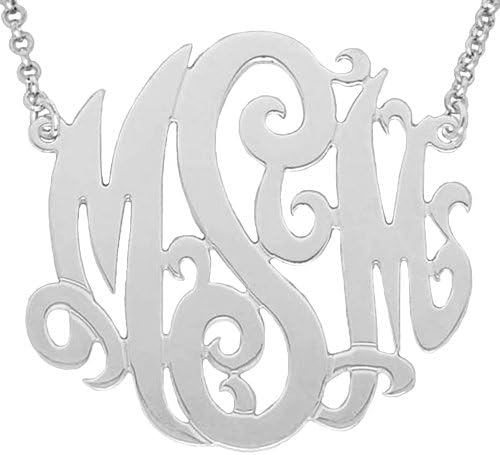 Mono04 Personalized Sterling Silver 1-1/2 Inch Three Initial Monogram Necklace with Silver Rolo Chain