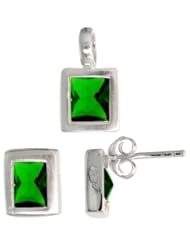 Sterling Silver Matte-finish Rectangular Earrings (8mm tall) & Pendant (13mm tall) Set, w/ Emerald Cut Emerald-colored CZ Stones
