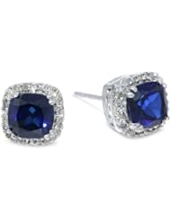 10k White Gold, September Birthstone, Created Blue Sapphire and Diamond-Accent Cushion Earrings