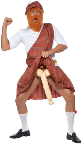 Smiffy's Men's Well Hung Highlander Costume Hat Beard Top Sash Kilt Sporran Socks and Endowment, Multi, Large