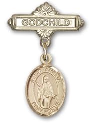 14K Gold Baby Badge with St. Amelia Charm and Godchild Badge Pin