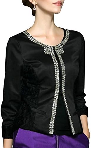 Keepinmind Women's Hook Studded Crewneck Embroided Long-Sleeved Blouse