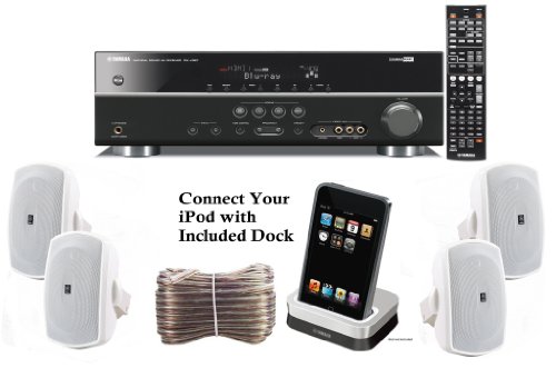 Yamaha 3D-Ready 5.1-Channel 500 Watts Digital Home Theater Audio/Video Receiver + Yamaha Universal iPod Dock + Set of 4 Yamaha All Weather Indoor / Outdoor 120 watt Wall Mountable Natural Sound 2-way Acoustic Suspension Speakers - White + 100ft 16 AWG Spe Yamaha 3D-Ready 5.1-Channel 500 Watts Digital Home Theater Audio/Video Receiver + Yamaha Universal iPod Dock + Set of 4 Yamaha All Weather Indoor / Outdoor 120 watt Wall Mountable Natural Sound 2-way Acoustic Suspension Speakers - White + 100ft 16 AWG Spe