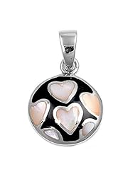 Sterling Silver Black Onyx Mother of Pearl Heart Pendant Charm Pure 925 New 14mm with 1.2mm Rope Chain