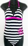 Marsol Junior/Missy 1PC Monokini Swimsuit in Black/White Stripe with Embroidery Patch. Sizes 5/6 - 13/14. Padded Sewn-in Cup.