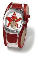 Lambretta Lustro Red Star, Curved Rectangular Stainless Steel Unisex Red Star Design Dial and Red & White Leather Cuff Strap Watch LA2030/RED2
