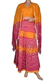 Indian Designer Lehenga Choli Handmade Bohemian Tie & Dye Bandhej Bandini Lehenga Choli With Golden Block Print, Sequins & Beads Work