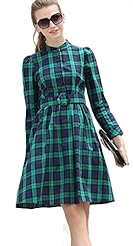 Fall Belted Vintage  Long Sleeves Cotton Plaid Print  Shirt Tunic/Midi Dress  With a Bow(s) and a Sash 