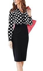 V-neck Long Sleeves Cotton/Spandex Dots Print  Dress