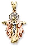 14K Gold Tri-Color CZ Jesus Crucifix and Resurrection Cross Pendant